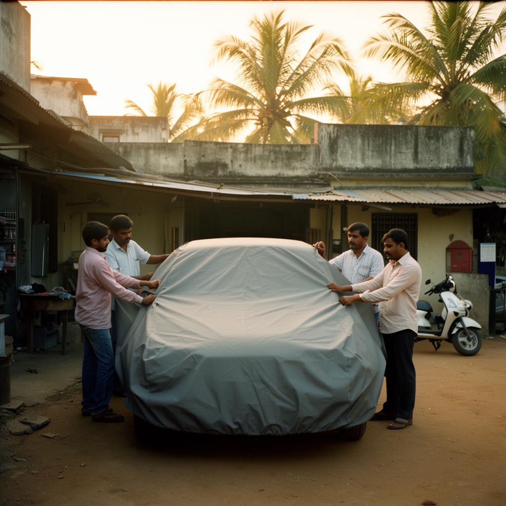 Craftsmen fitting a tailored cover over a sedan at sunset