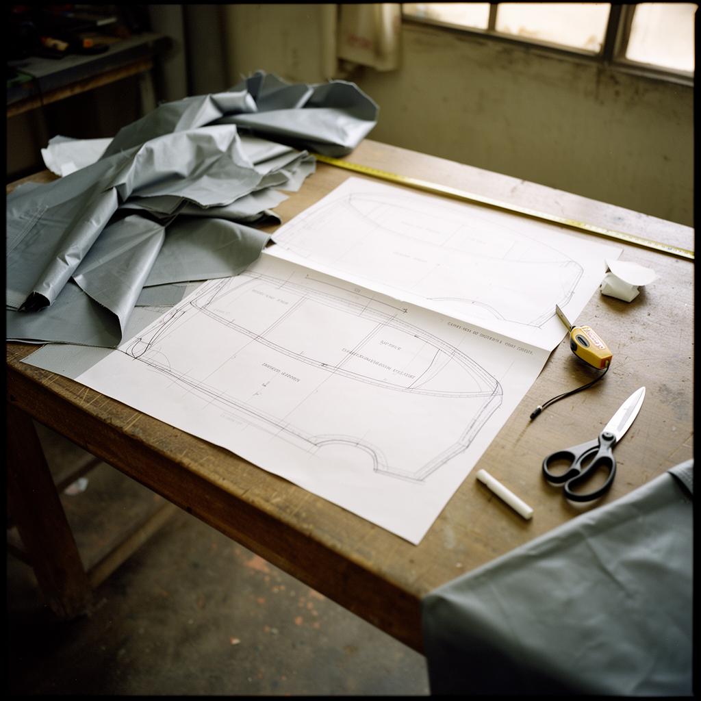 Paper pattern templates and scissors on a cutting table